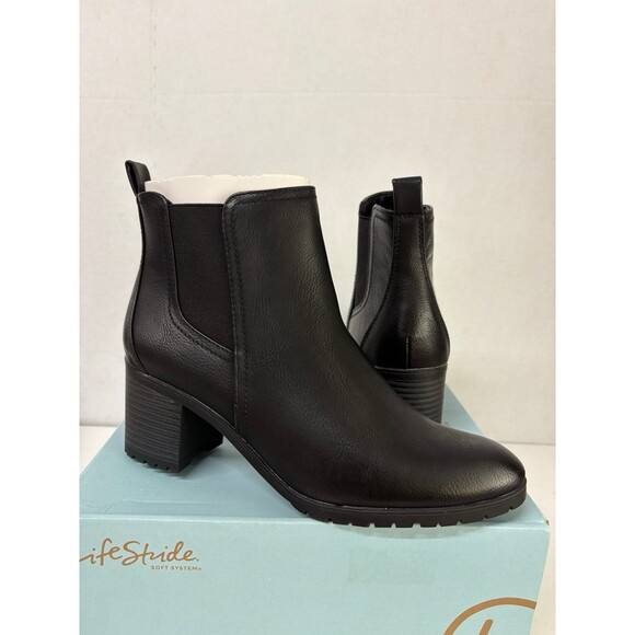 LifeStride Women's Black Mesa Lug Sole Booties Zipper Block Heel Size 9.5M - Picture 1 of 6